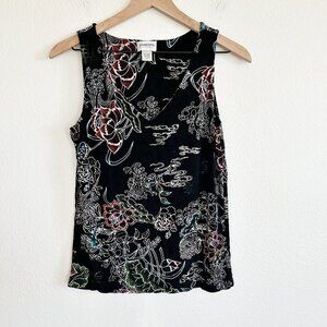 Chicos Travelers Tank Top Black Asian Print Sleeveless Acetate Stretch